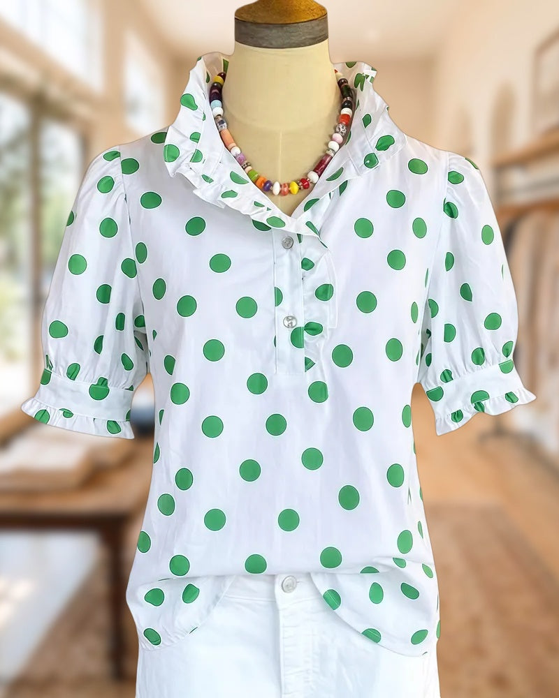 Polka Dot Ruffled Trim Puff Sleeve Cute Blouse
