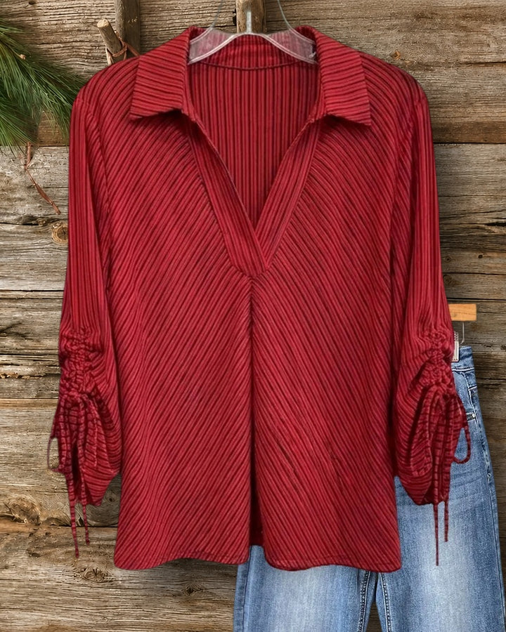 Collared V-Neck Ruched Drawstring Sleeve Striped Casual Blouse