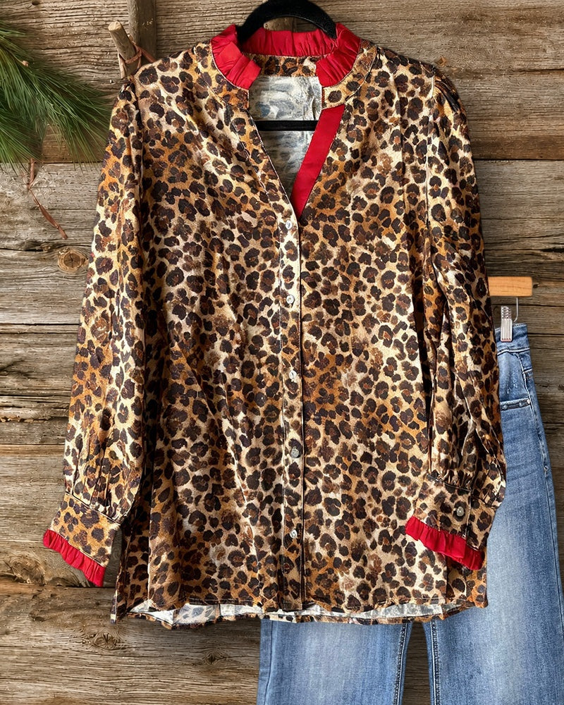 Leopard Print Stylish Ruffles Trim Button Up Blouse