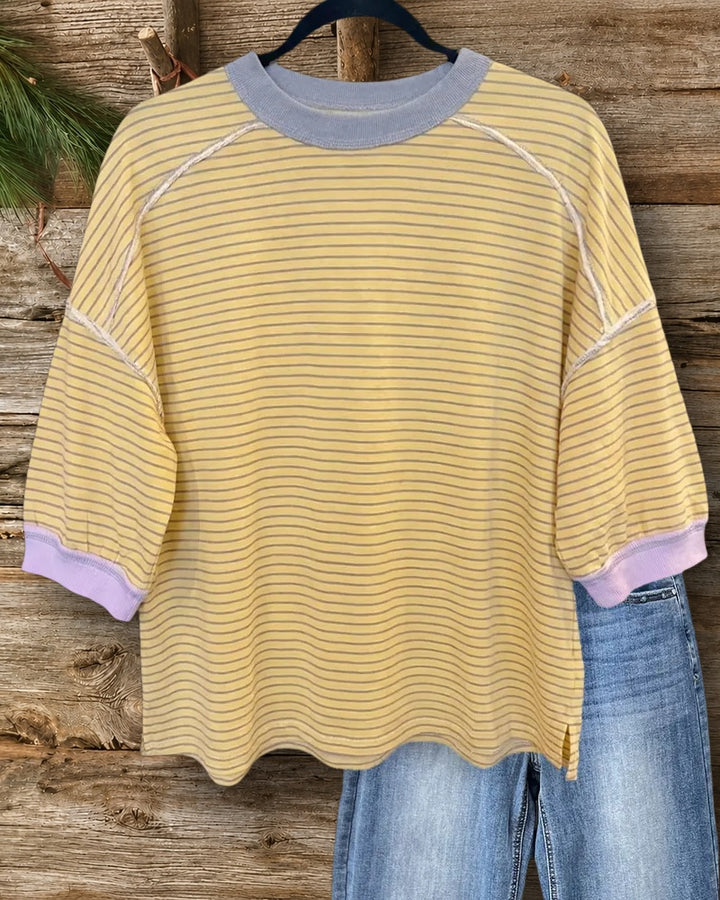 Striped Contrast Trim 3/4 Sleeve Loose Casual Top
