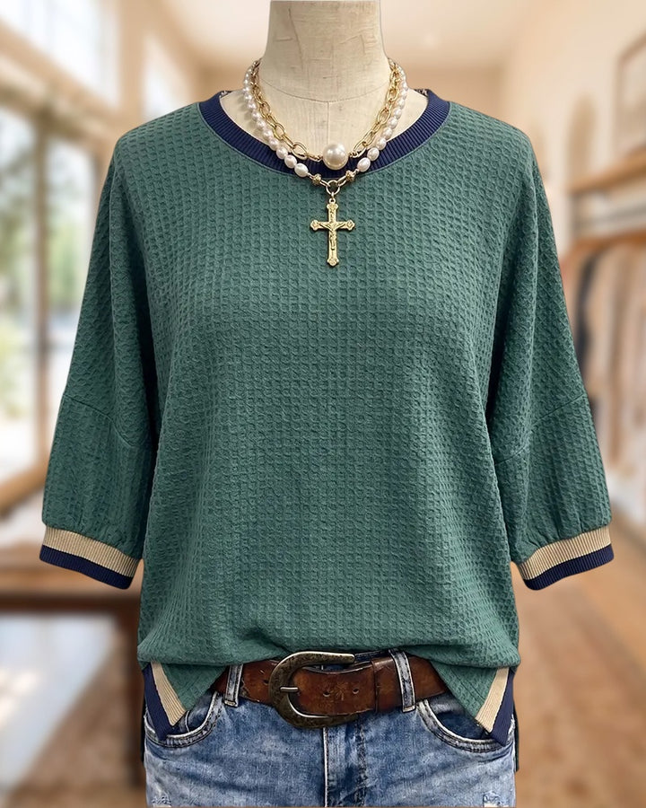 Crew Neck Contrast Trim Drop-Shoulder Side Slit Loose Sweatshirt