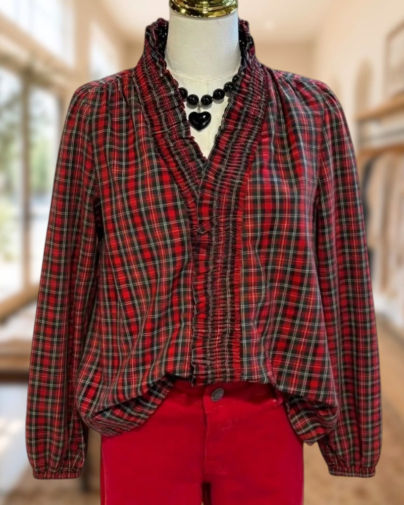 Ruffled V-Neck Plaid Blouse With Smocked Placket
