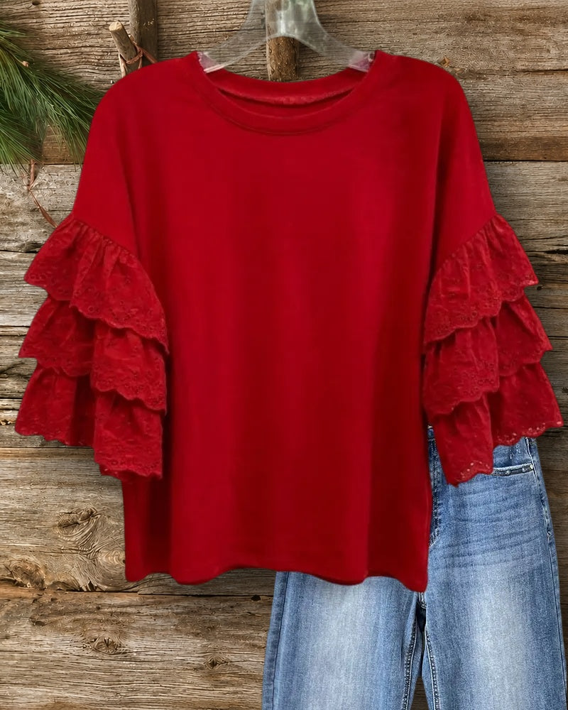 Tiered Ruffle Sleeve Round Neck Loose Fit Casual Blouse