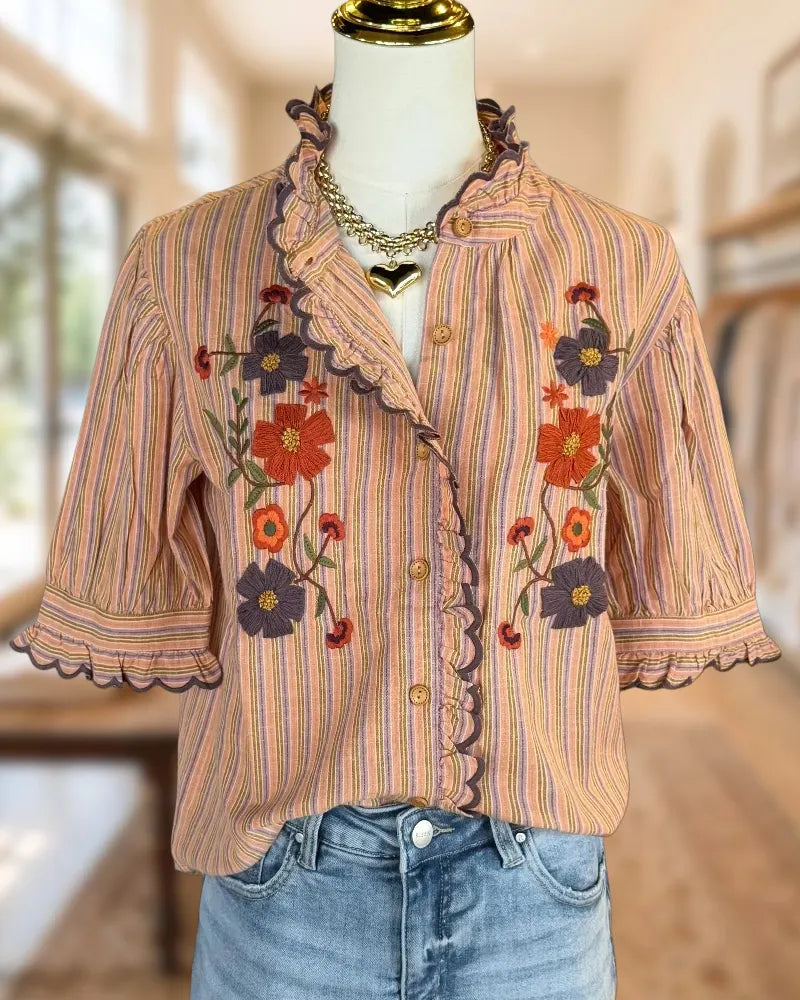 Striped Floral Embroidery Ruffle Trim Half Sleeve Button Front Blouse