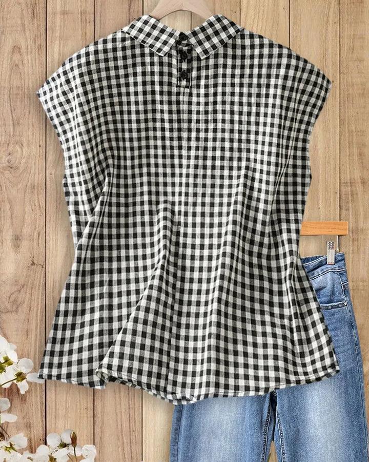 Peter Pan Collar Gingham Cap Sleeve Loose Casual Blouse
