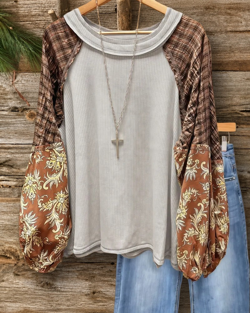 Mixed Print Patchwork Retro Round Neck Blouse