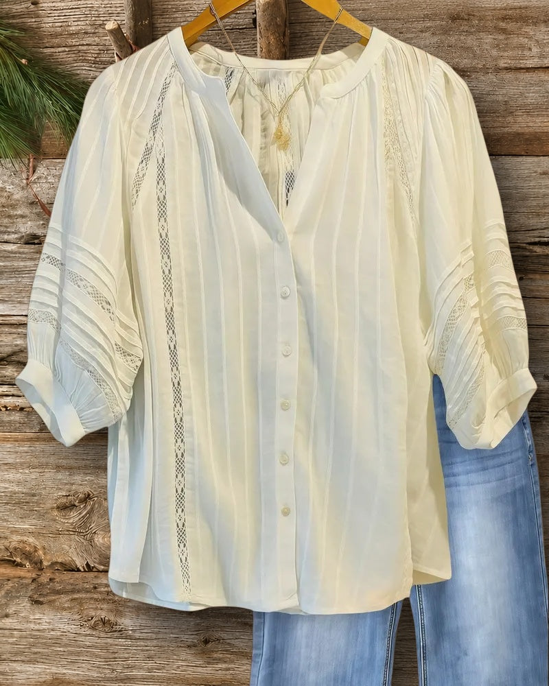 Solid Color Lace Patchwork Urban Button Blouse