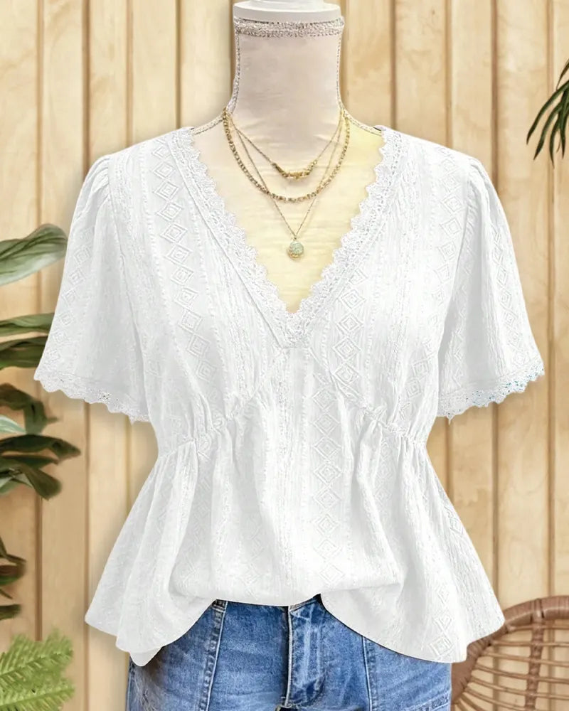V Neck Lace Trim Puff Sleeve Cinched Waist Peplum Blouse