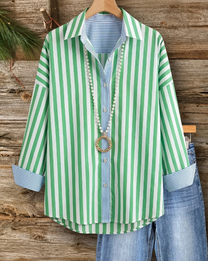 Contrast Placket Rolled Cuff Striped Collared Button Down Casual Shirt