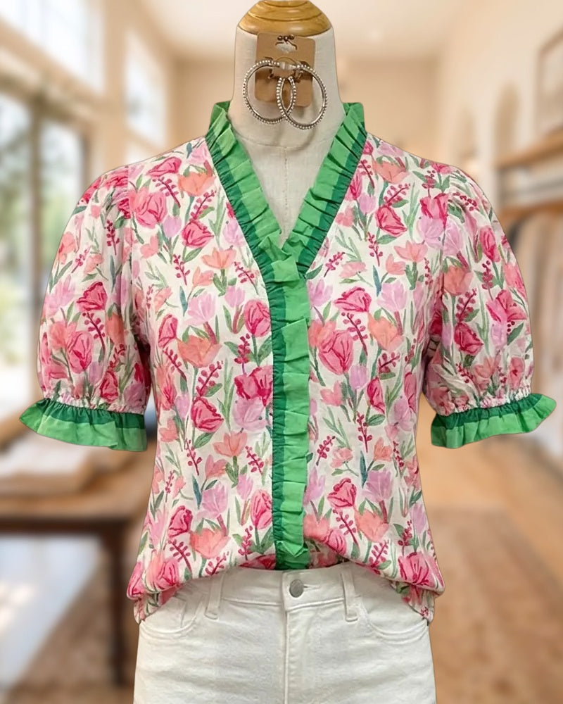 Floral Print Ruffles Trim Pretty Puff Sleeve Blouse