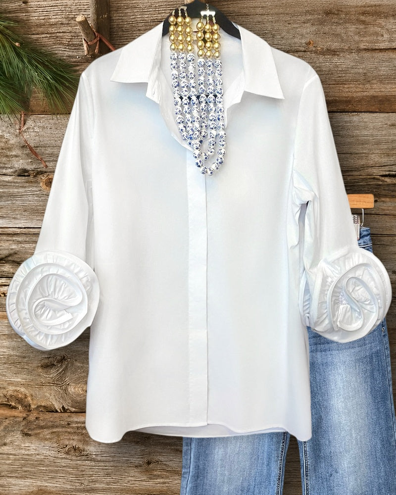 Solid Color Flower Decor Unique Button Down Blouse