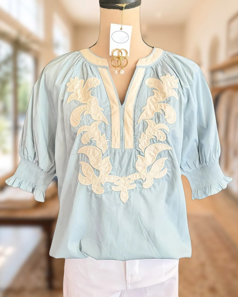 Floral Embroidery Ethnic V Neck Puff Sleeve Blouse