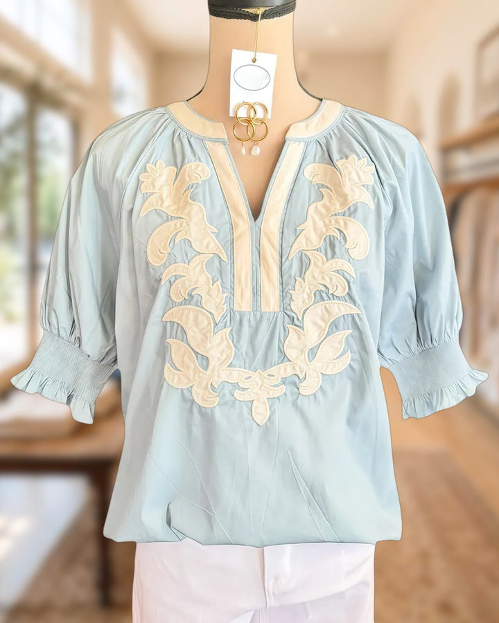 Floral Embroidery Ethnic V Neck Puff Sleeve Blouse