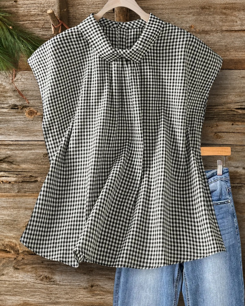 Peter Pan Collar Gingham Cap Sleeve Loose Casual Blouse