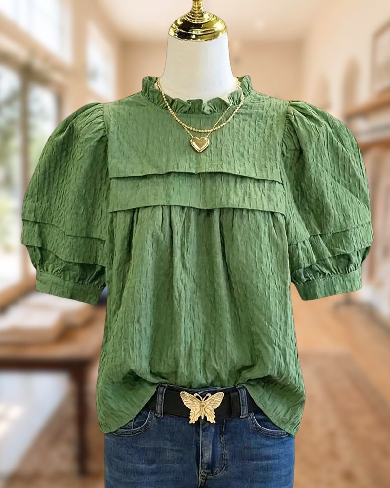 Solid Color Textured Puff Sleeve Versatile Blouse