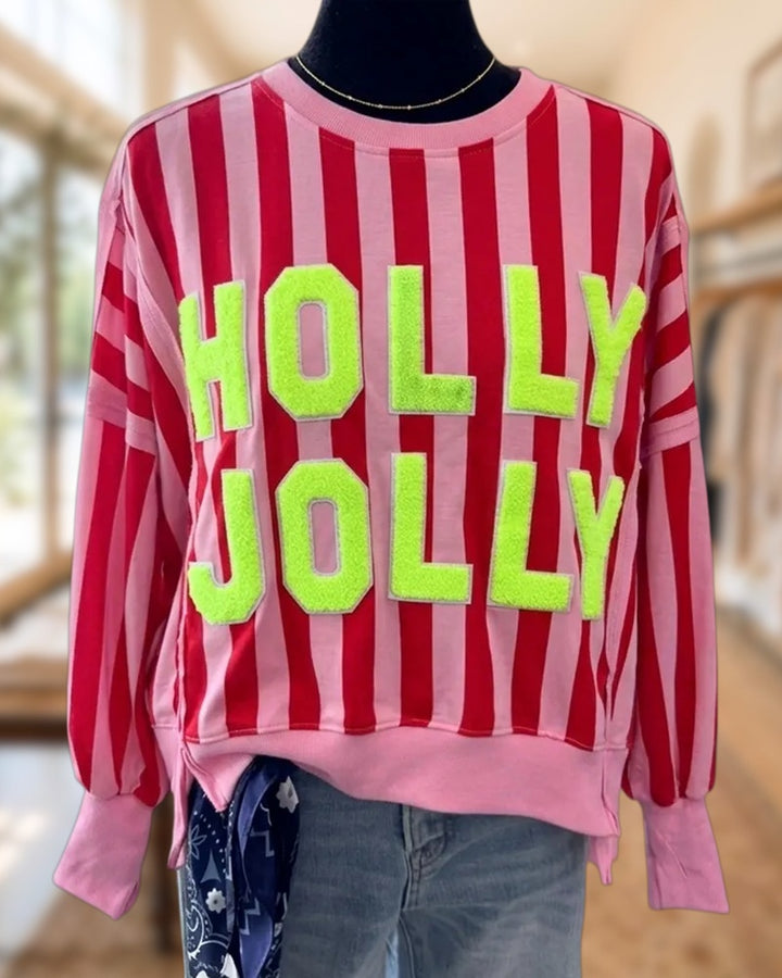 Striped Chenille Letter Applique Playful Sweatshirt With Side Slits