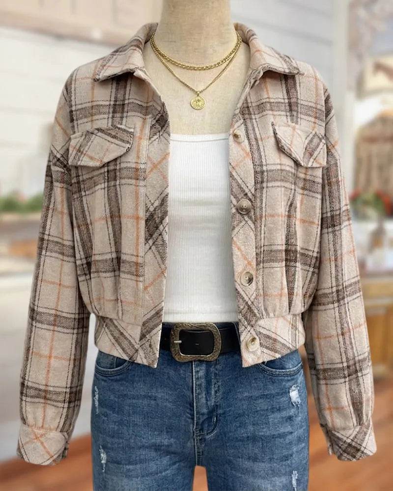 Long Sleeve Plaid Collared Button Front Jacket With Pockets
