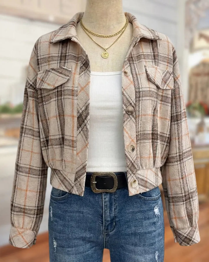 Long Sleeve Plaid Collared Button Front Jacket With Pockets