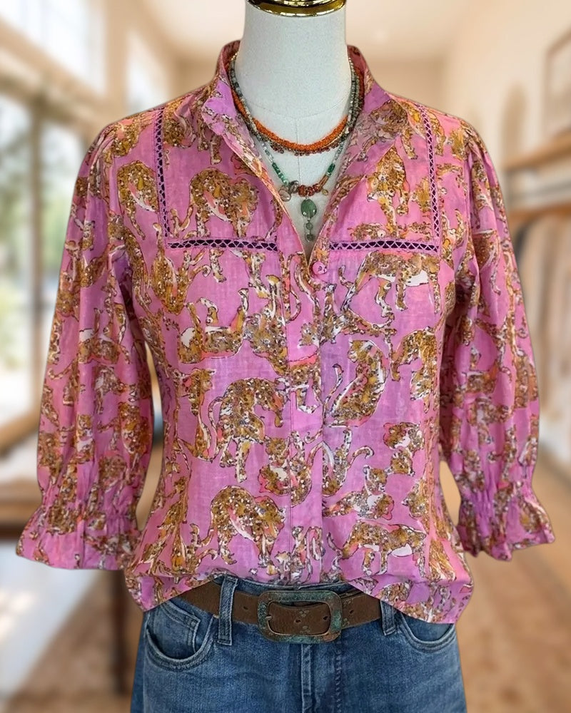 Animal Print Collared Ruffle Cuff Lace Inset Casual Blouse