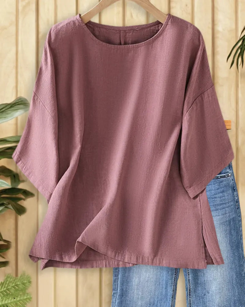 Drop Shoulder Side Slit Loose Casual Breathable Round Neck Blouse