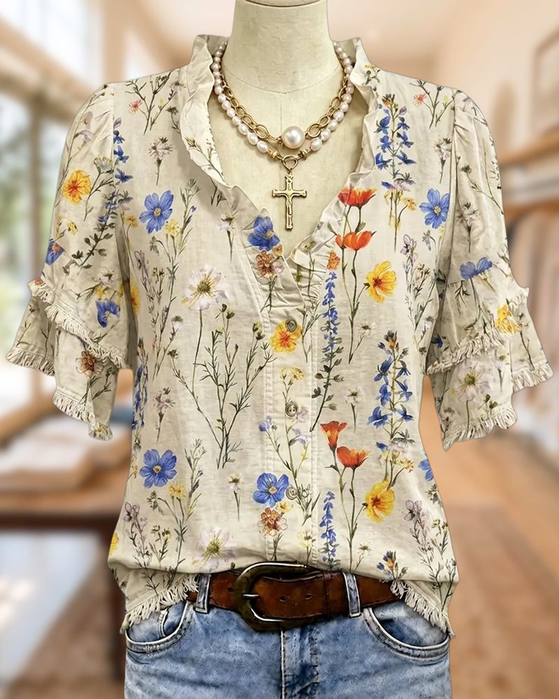 Floral Print V Neck Tiered Sleeve Tassels Trim Blouse