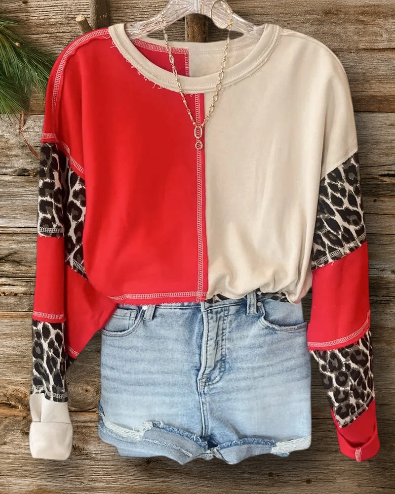 Leopard Patchwork Exposed Seam Color Block Drop Shoulder Casual Sweatshirt