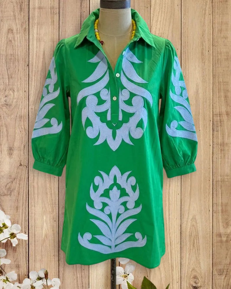 Tribal Embroidered Collared 3/4 Sleeve Casual Shift Shirt Dress