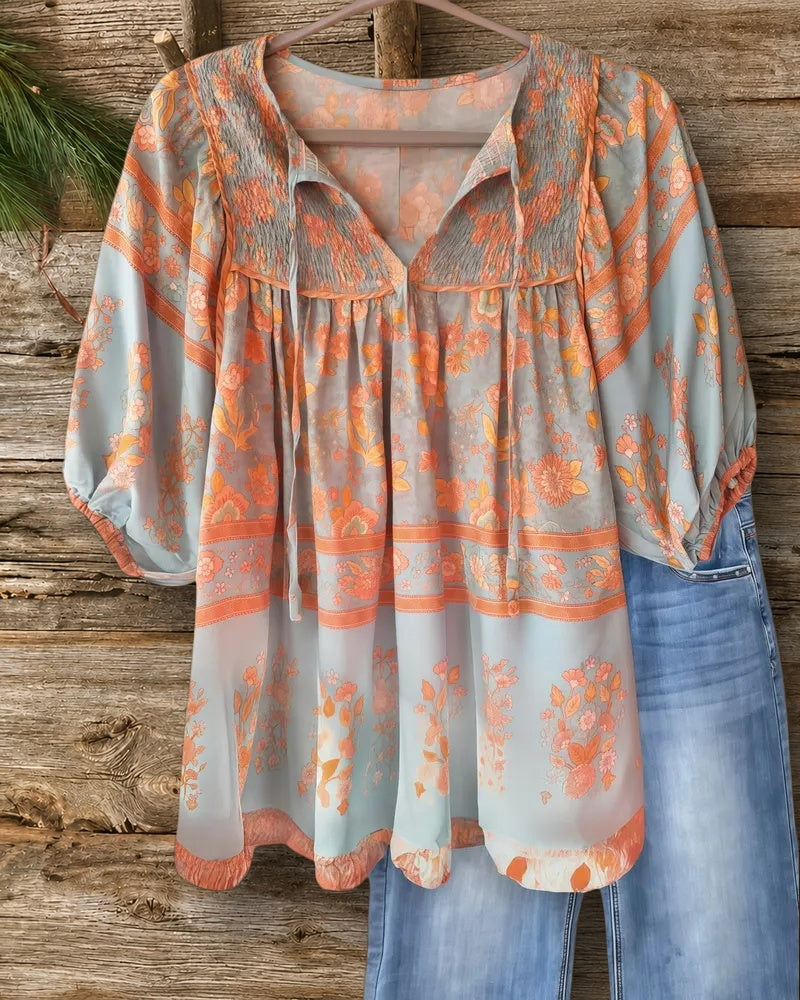 Floral Print Smocked Pastoral Puff Sleeve Blouse