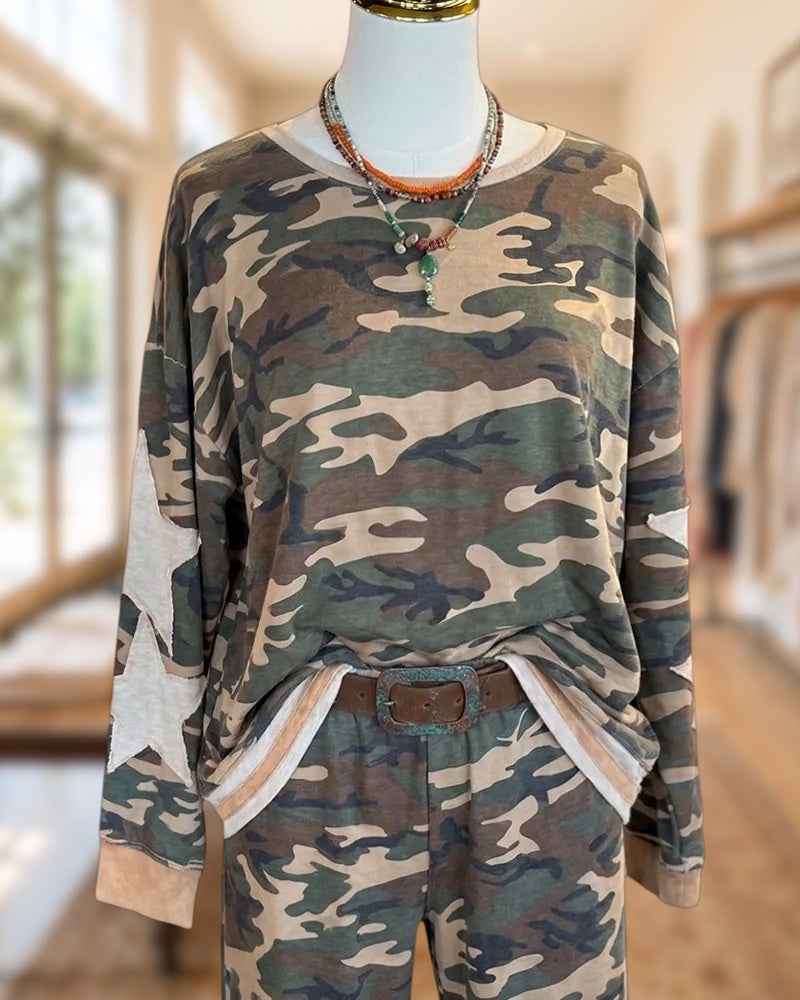 Camo Print Star Patch Loose Loungewear Two Piece Set