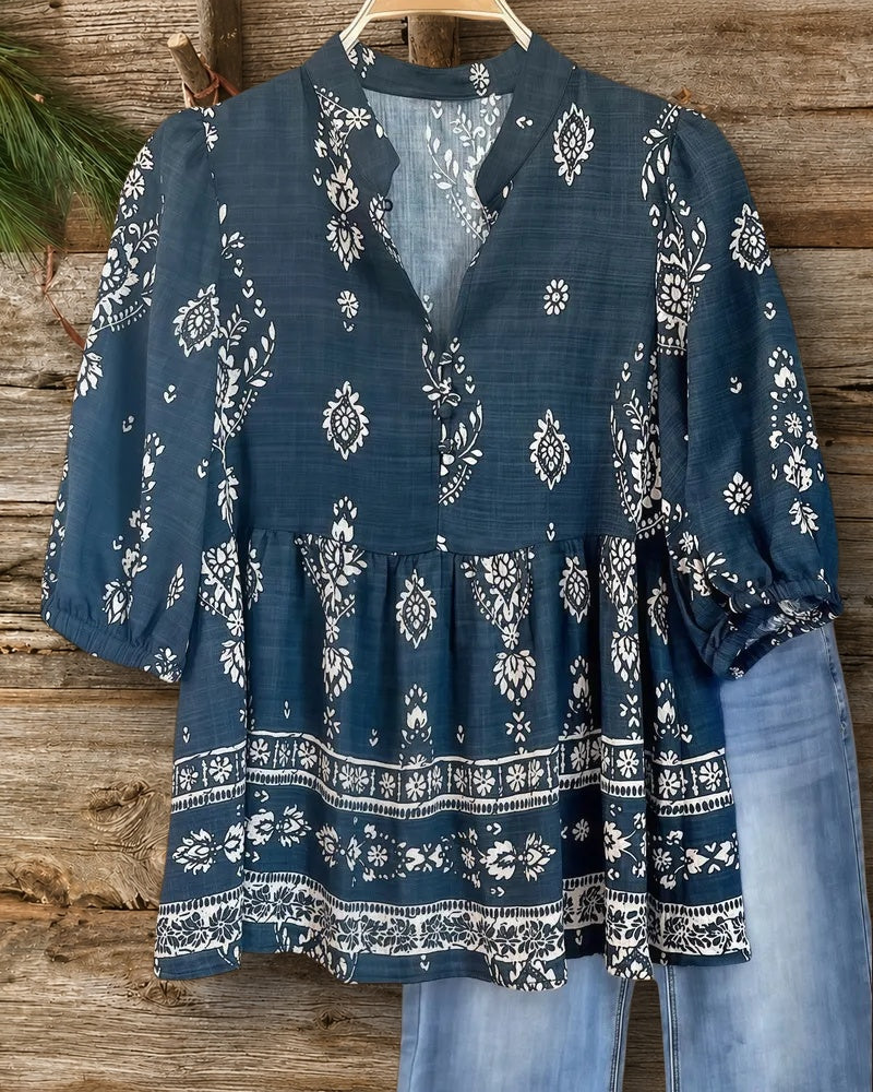 Floral Print Boho V Neck Peplum Blouse