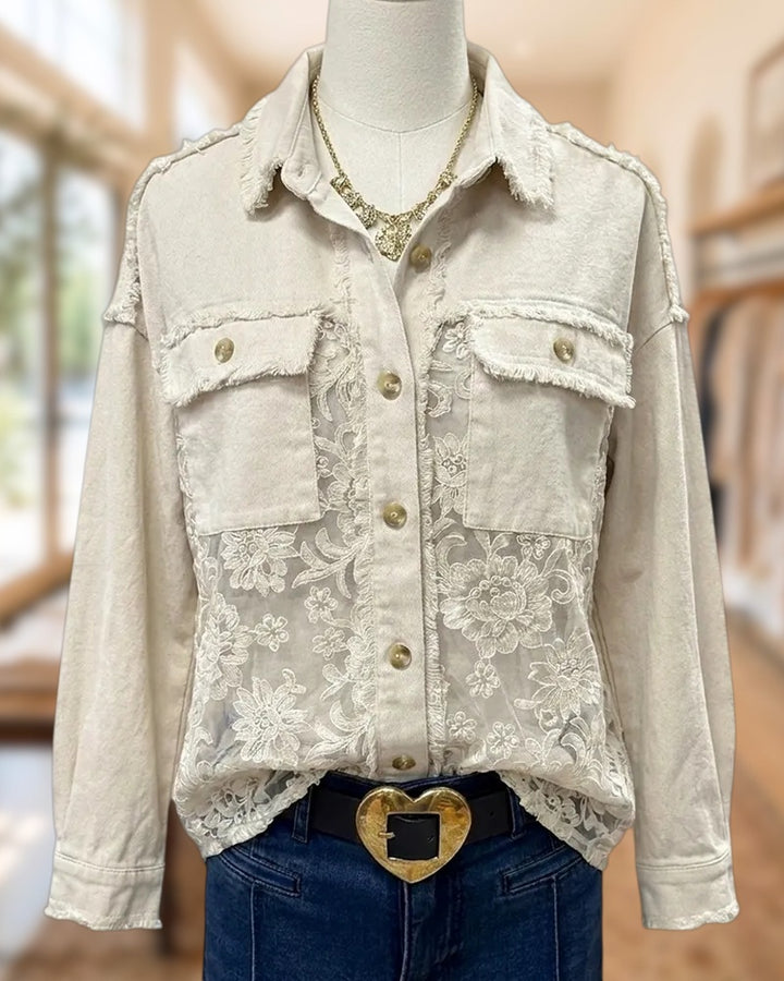 Lace Panel Frayed Trim Flap Pocket Shirt