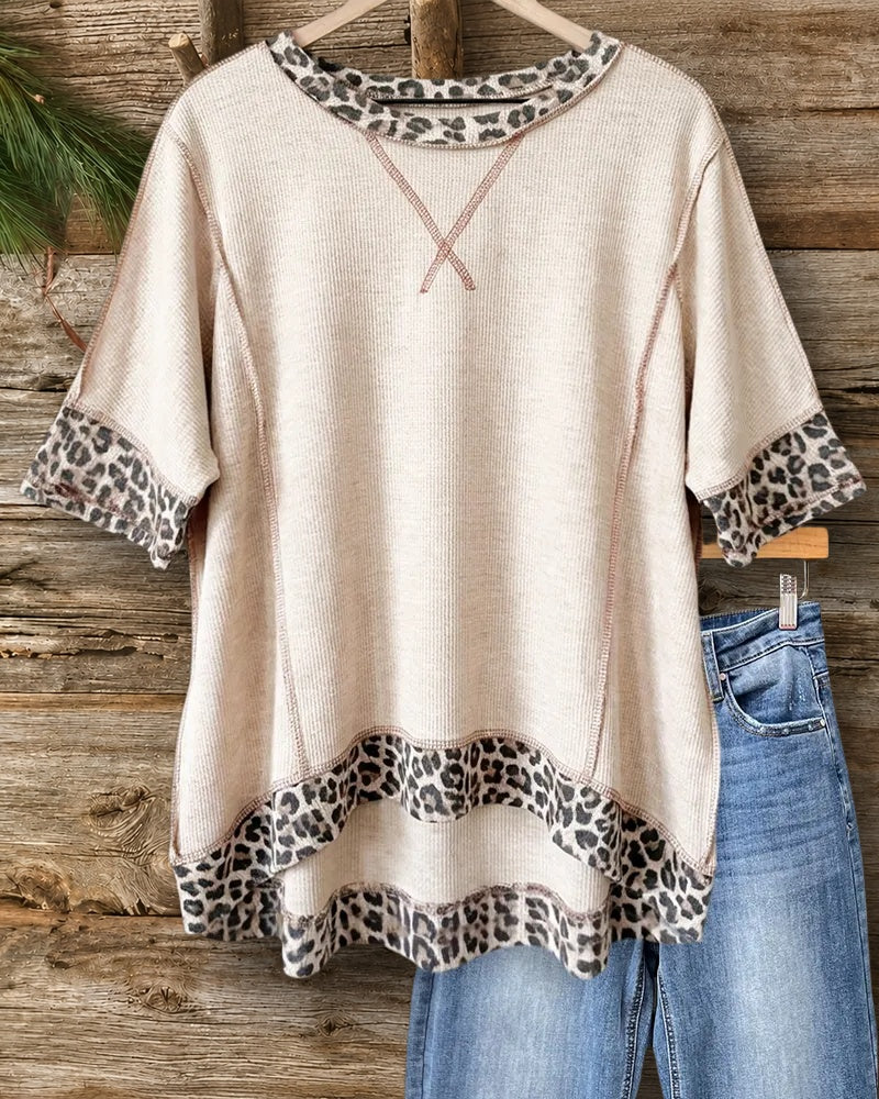Leopard Trim Exposed Stitch Loose Round Neck Casual T-shirt
