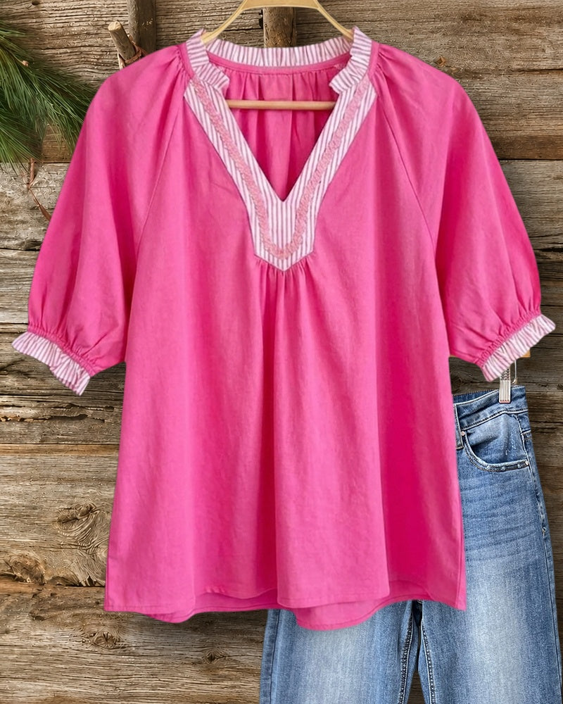 Striped Trim Ruffled V Neck Puff Sleeve Loose Casual Blouse