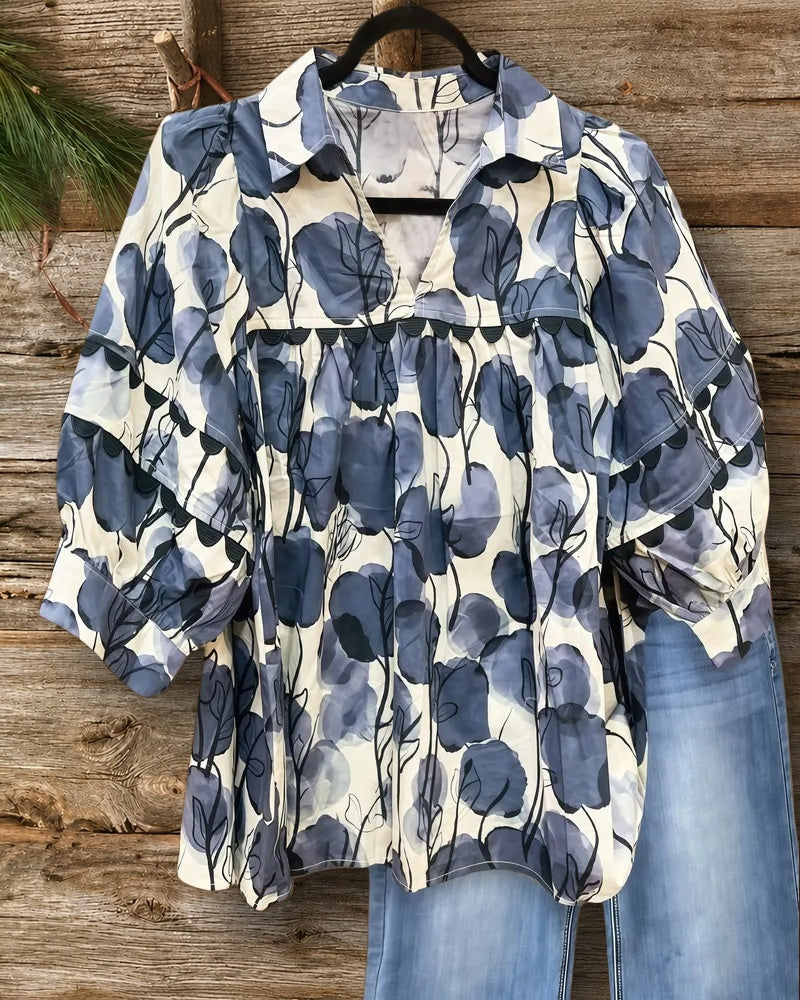 Floral Print Scalloped Trim Pretty Puff Sleeve Blouse