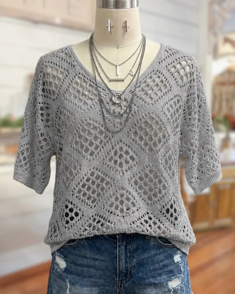 V Neck Crocheted Half Sleeve Cutout Loose Casual Blouse