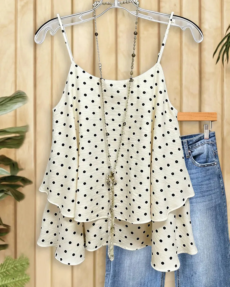 Polka Dot Tiered Spaghetti Strap Ruffled Hem Cami Top