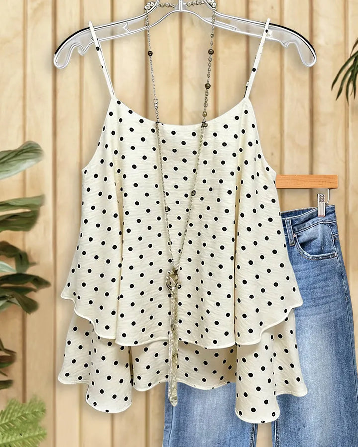 Polka Dot Tiered Spaghetti Strap Ruffled Hem Cami Top