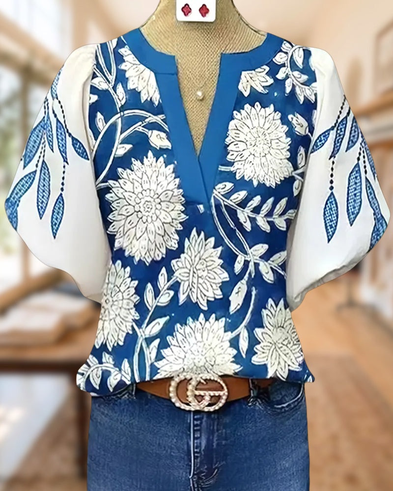 Floral Print Retro V Neck Puff Sleeve Blouse