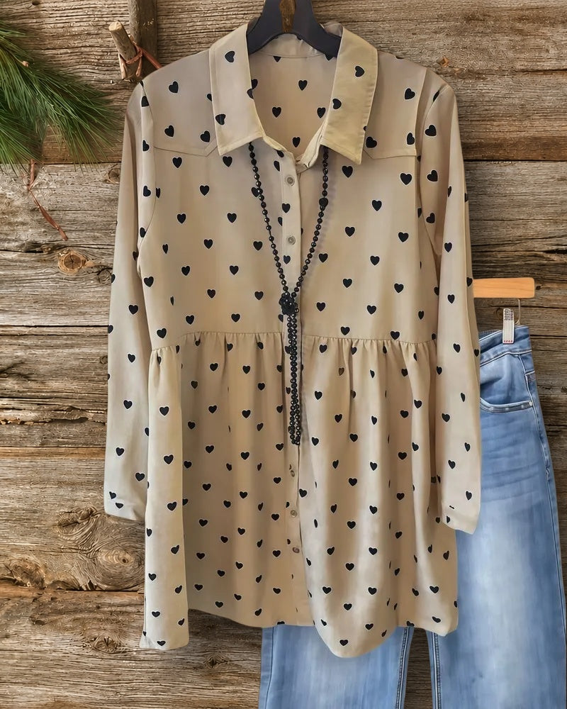 Heart Print Pretty Button Down Babydoll Blouse