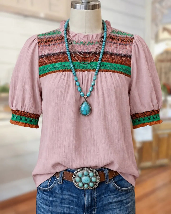 Embroidered Yoke Ruffled Neck Puff Sleeve Loose Casual Blouse