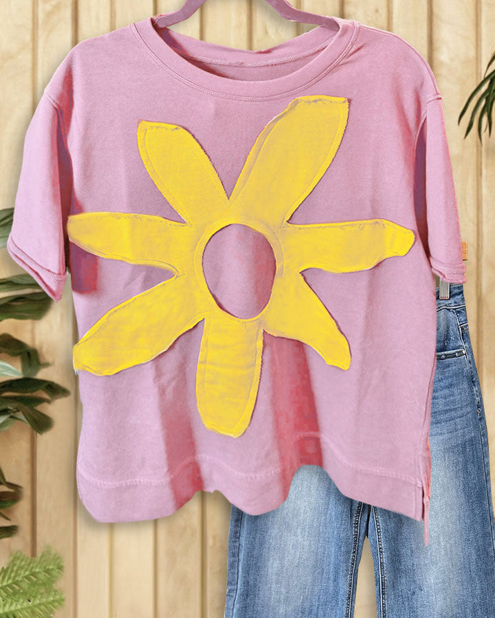 Hit Color Flower Applique Patchwork Casual T-Shirt