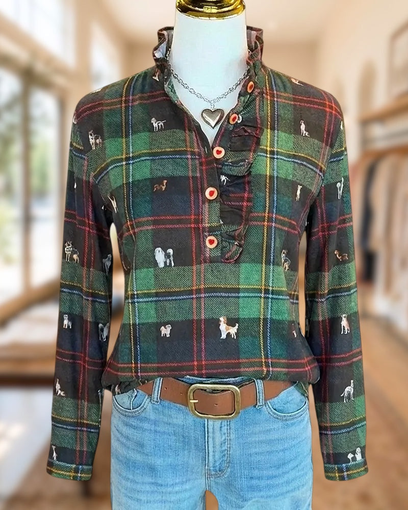 Plaid & Animal Print Ruffles Decor On-trend Blouse