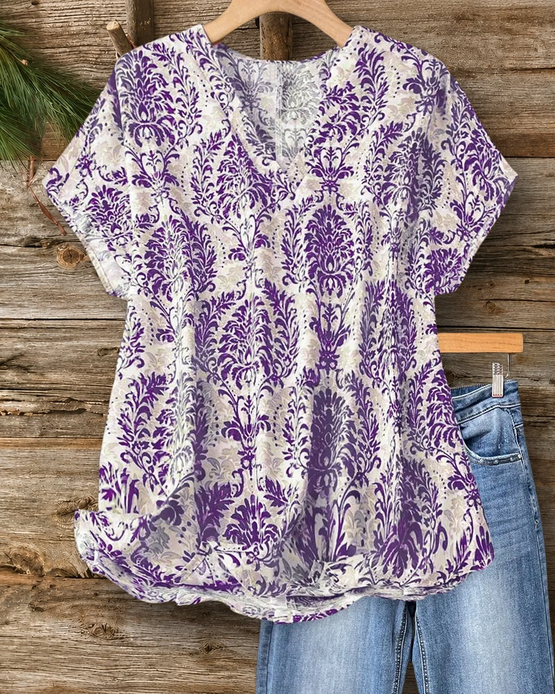 V Neck Damask Print Blouse