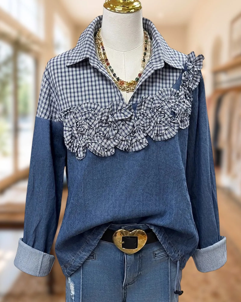Plaid Patchwork Collared Long Sleeve 3D Flower Decor Chic Shirt