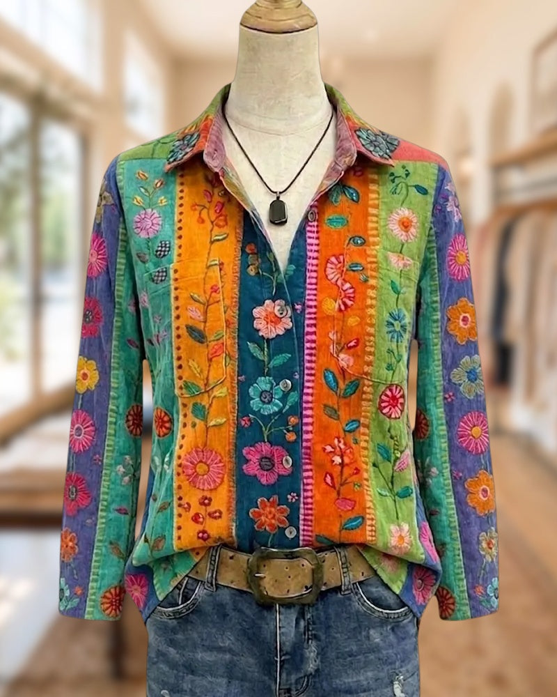 Floral Print Collared Long Sleeve Button Up Casual Shirt