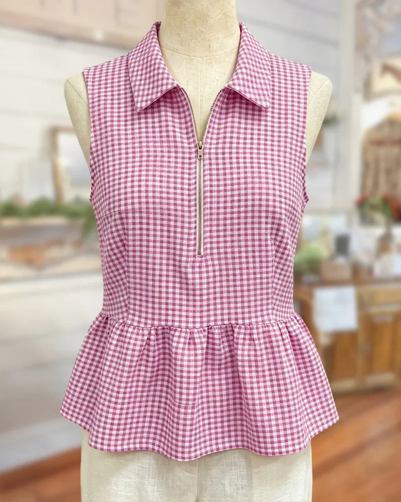 Collared Half Zip Sleeveless Peplum Hem Gingham Blouse