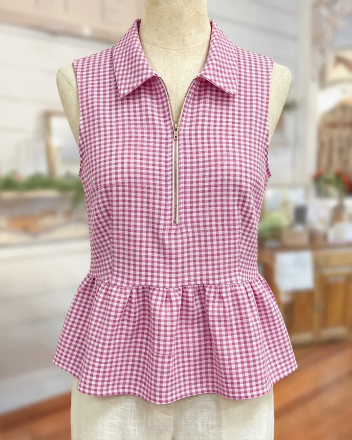 Collared Half Zip Sleeveless Peplum Hem Gingham Blouse
