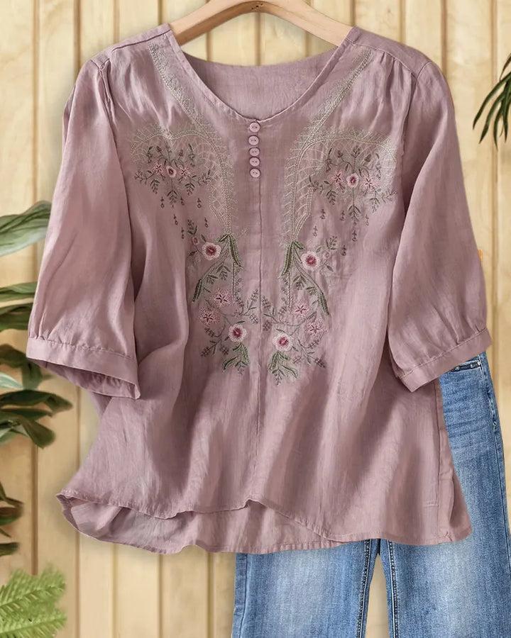 Floral Embroidery U Neck Half Button 3/4 Sleeve Loose Blouse