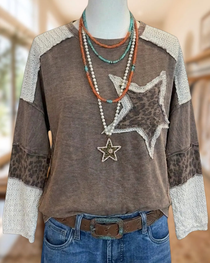 Star Applique Patchwork Contrast Panel Long Sleeve Casual Sweatshirt