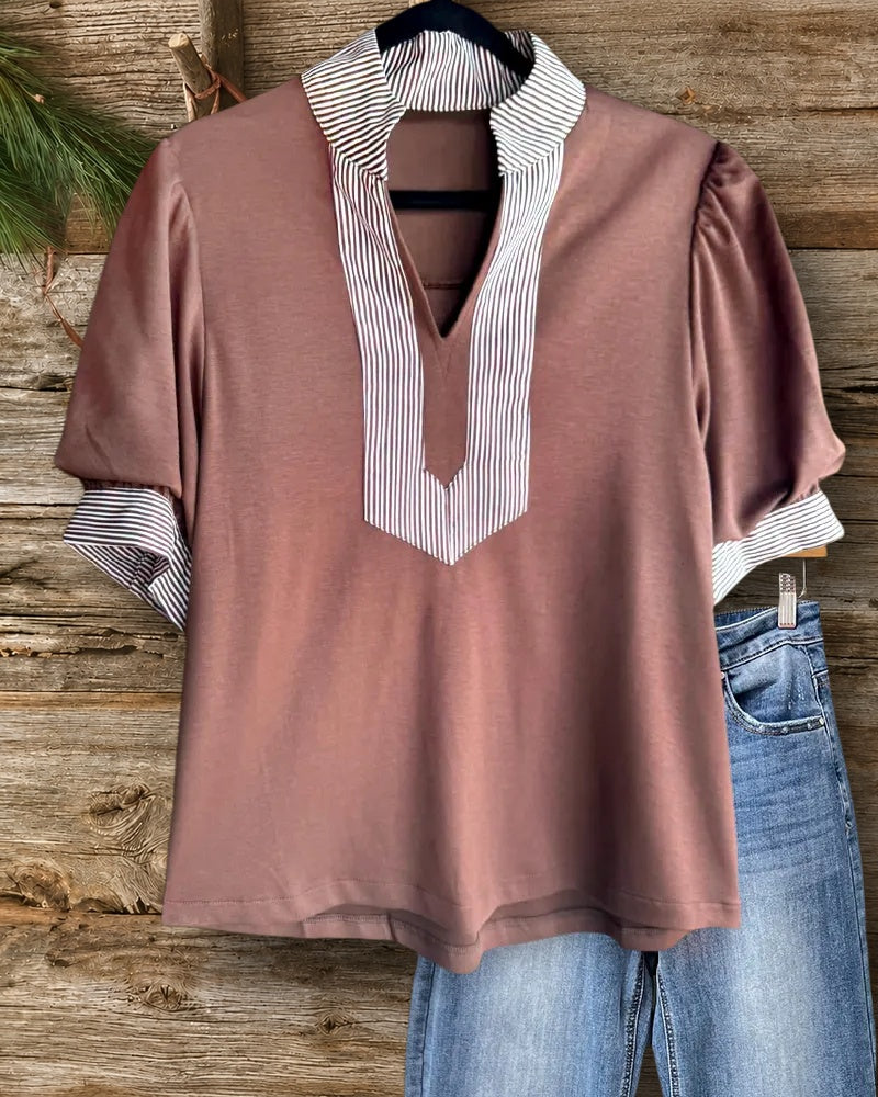 Striped Trim Puff Sleeve V Neck Casual Blouse